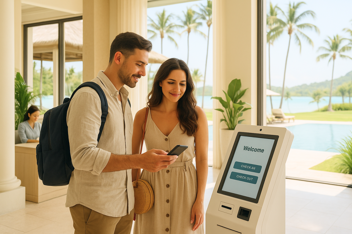 hotel self-check-in kiosk in luxury resort lobby with digital welcome screen, showcasing contactless hotel technology and guest experience.