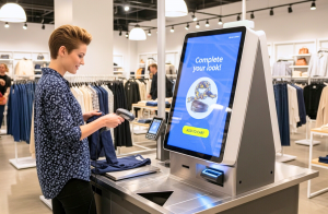 Customer using a self-checkout kiosk with digital upsell prompts and loyalty program reminders on screen.