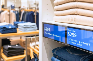 Smart digital shelf labels showing real-time pricing and AI-driven product suggestions for retail shoppers.